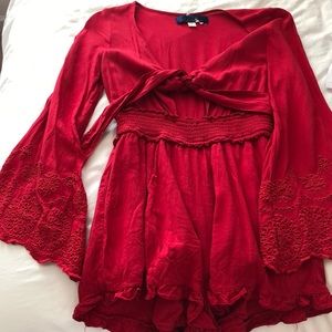 Red tie front open romper